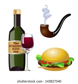 vector illustration of a bottle of wine with a glass of red wine, a pipe, a hamburger