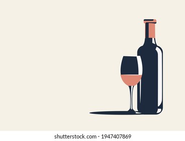 Vector illustration of a bottle of wine and a glass. There is space for text nearby.