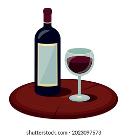 Vector illustration of bottle of wine, glass of wine on wooden stand in flat style. For web, infographics, poster.