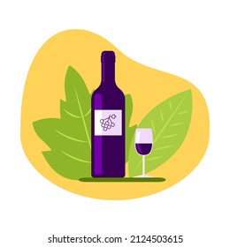 vector illustration of a bottle of wine and a glass on a green yellow background. grape wine flat icon. alcohol drink concept