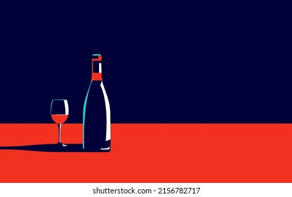 Ilustración vectorial de una botella de vino y un vaso. Hay espacio para texto cerca.