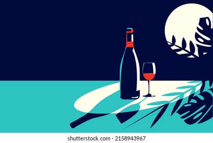 Vector illustration of a bottle of wine and a glass of wine in the moonlight in the evening or at night.