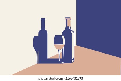 Vector illustration of a bottle of wine and a glass with wine next to it in trendy colors in a minimal style.