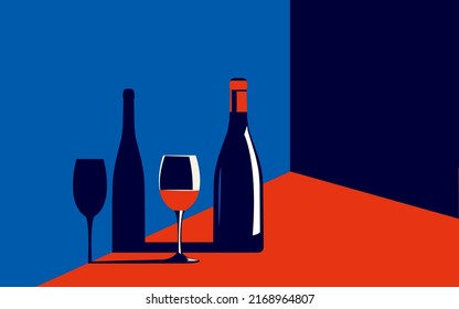 Vector illustration of a bottle of wine and a glass with red wine next to it in trendy colors in a minimal style.