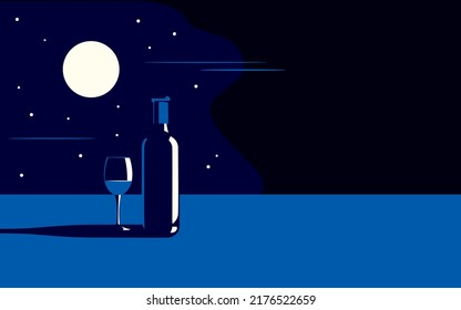 Vector illustration of a bottle of wine and a glass of wine in the moonlight in the evening or at night.