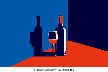 Vector illustration of a bottle of wine and a glass with red wine next to it in trendy colors in a minimal style.