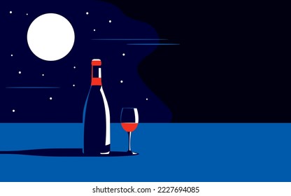 Vector illustration of a bottle of wine and a glass of wine in the moonlight in the evening or at night.