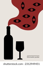 Vector illustration with a bottle of wine and a glass. Artwork, minimalist poster design in red and black colors. abstract wall art.