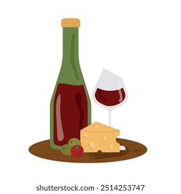 Ilustração vetorial de uma garrafa de vinho, um copo e lanches para o vinho em uma bandeja. Degustação de vinhos, noite aconchegante, romance