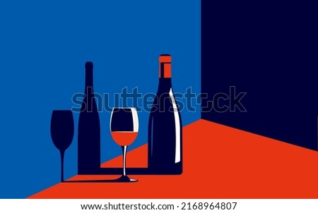 Vector illustration of a bottle of wine and a glass with red wine next to it in trendy colors in a minimal style.