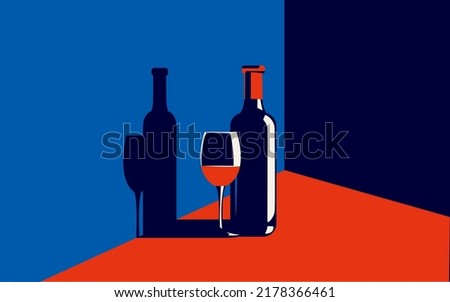 Vector illustration of a bottle of wine and a glass with red wine next to it in trendy colors in a minimal style.