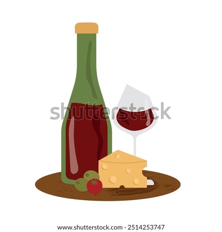 Vector illustration of a bottle of wine, a glass and snacks for wine on a tray. Wine tasting, cozy evening, romance