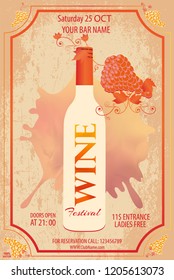 Vector illustration with bottle of wine & grapes vine & pattern flower in grunge style for wine list & invitation. Poster & flyer invitation with alcoholic beverages. Wine fest. Vector EPS 10