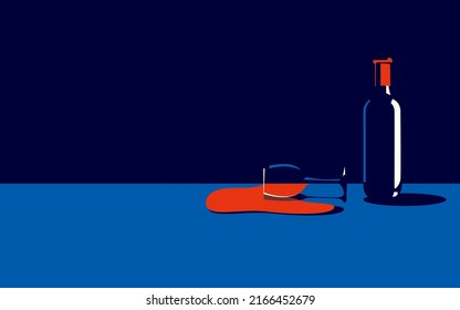 Vector illustration of a bottle of wine and a spilled glass with red wine next to it in a minimal style.