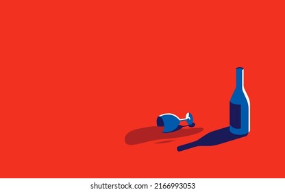 Vector illustration of a bottle of wine and a spilled glass with red wine next to it in a minimal style.