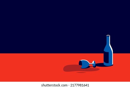 Ilustración vectorial de una botella de vino y un vaso derramado con vino tinto a su lado en un estilo mínimo.