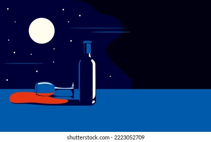 Vector illustration of a bottle of wine and a spilled glass with red wine next to it in a minimal style.