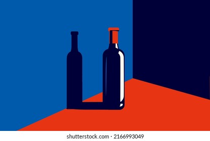 Vector illustration of a bottle of wine in trendy colors in a minimal style.