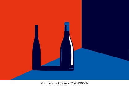 Vector illustration of a bottle of wine in trendy colors in a minimal style.