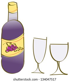 Vector illustration of a bottle of wine and two glasses