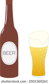 Ilustración vectorial de cerveza embotellada y vaciada en un vaso