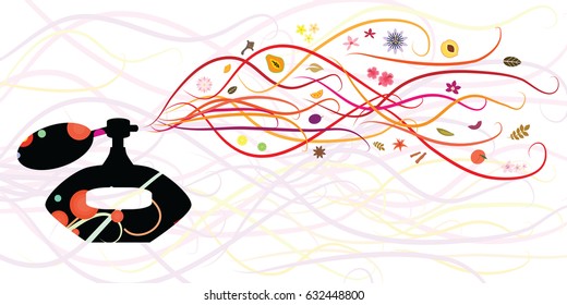 vector illustration of bottled fragrance with aromatic wave with different perfume notes