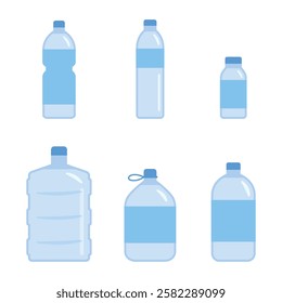 Vector illustration of bottled water collection on white background. Plastic bottles of different sizes.