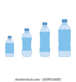 Vector illustration of bottled water collection on white background. Plastic bottles of different sizes.