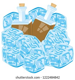 Vector illustration of the bottles amongst bit ice