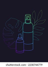 Vector illustration of bottles of cosmetics. Bright neon line on a dark background. Neon cosmetics banner. Beauty, girly, woman concept. Self-care, skin care, beauty procedures.