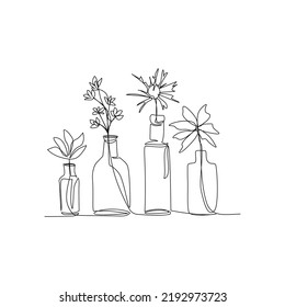 Vector illustration of bottles with flowers drawn in line art style