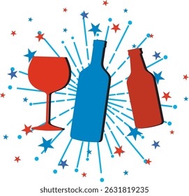 Vector illustration of bottles and glass with fireworks in red, blue, and white. Perfect for holiday and celebration themes
