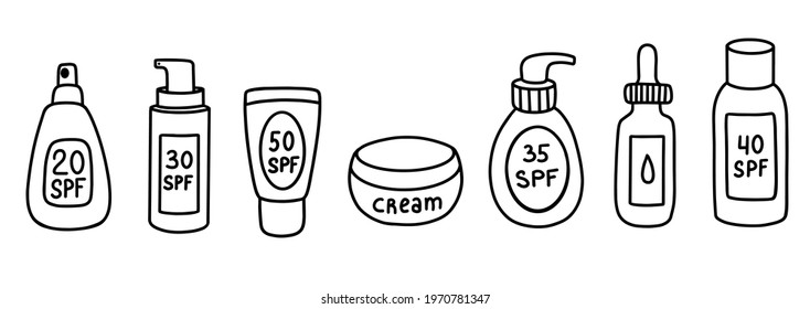 Vector illustration of bottles and jar of assorted sunblock products and cream for skin care procedure