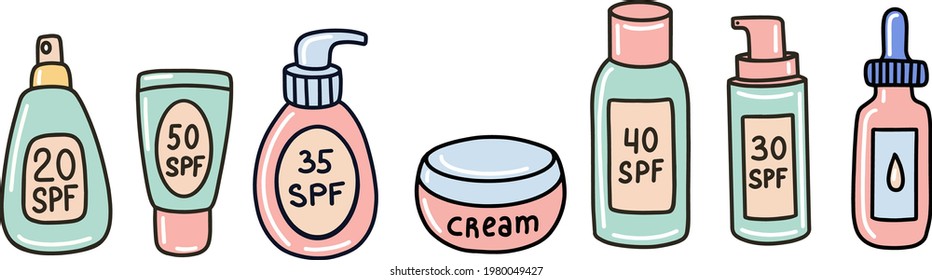 Ilustración vectorial de botellas y frasco de diversos productos de bloqueo solar y crema para el procedimiento de cuidado de la piel
