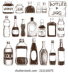 Vector illustration of bottles and jars in doodle style