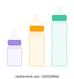 Vector illustration of bottles with milk, isolated on white background. Baby care equipment