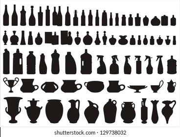 Vector illustration of bottles, pitchers, vials