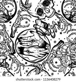 Vector illustration. bottles of potion,skull with horns,hands with eyes, bones, mysticism. Handmade, prints on T-shirts,,seamless pattern,light background