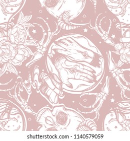 Vector illustration. bottles of potion,skull with horns,hands with eyes, bones, mysticism. Handmade, prints on T-shirts, seamless pattern,pink background