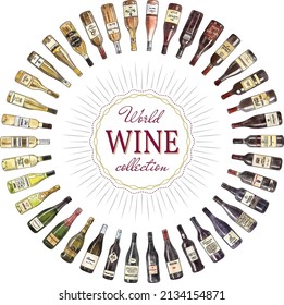 vector illustration of bottles of red and white wine in a circle in a watercolor drawings style