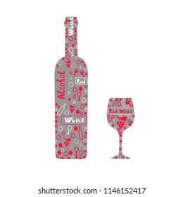 Vector illustration of bottles wine and glass, decorated elements and isolated on white background