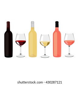 Vector illustration bottles of wine and wine glasses with red, white and rose wine. Bottles and glasses. Wineglass