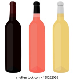 Vector illustration bottles of wine with red, white and rose wine.