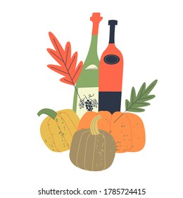 Vector illustration with bottles of young wine, bright orange pumpkins and autumn leaves.