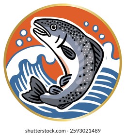 Vector illustration of bouncing salmon and waves