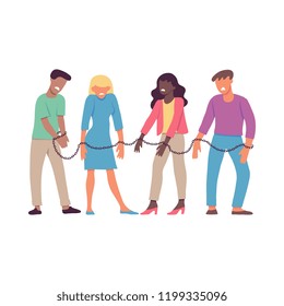 Vector illustration of bound by one chain people forced to work or be together in flat style isolated on white background. Disgust and dislike of resigned men and women to each other.