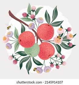 Vector illustration of a bouquet with apple fruits and flowers. 