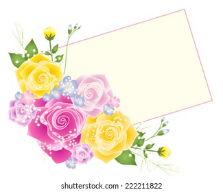 vector illustration of a bouquet of colorful garden flowers with a blank card for text on white background