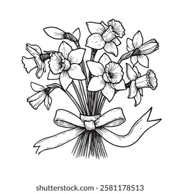 Vector illustration of a bouquet of daffodils tied with a ribbon, simple linear drawing of flowers isolated on a white background. for bouquet design.
