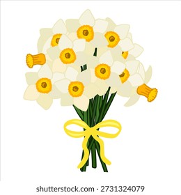 Ilustración vectorial de un ramo de narcisos con una cinta amarilla. Elemento de decoración floral de primavera.